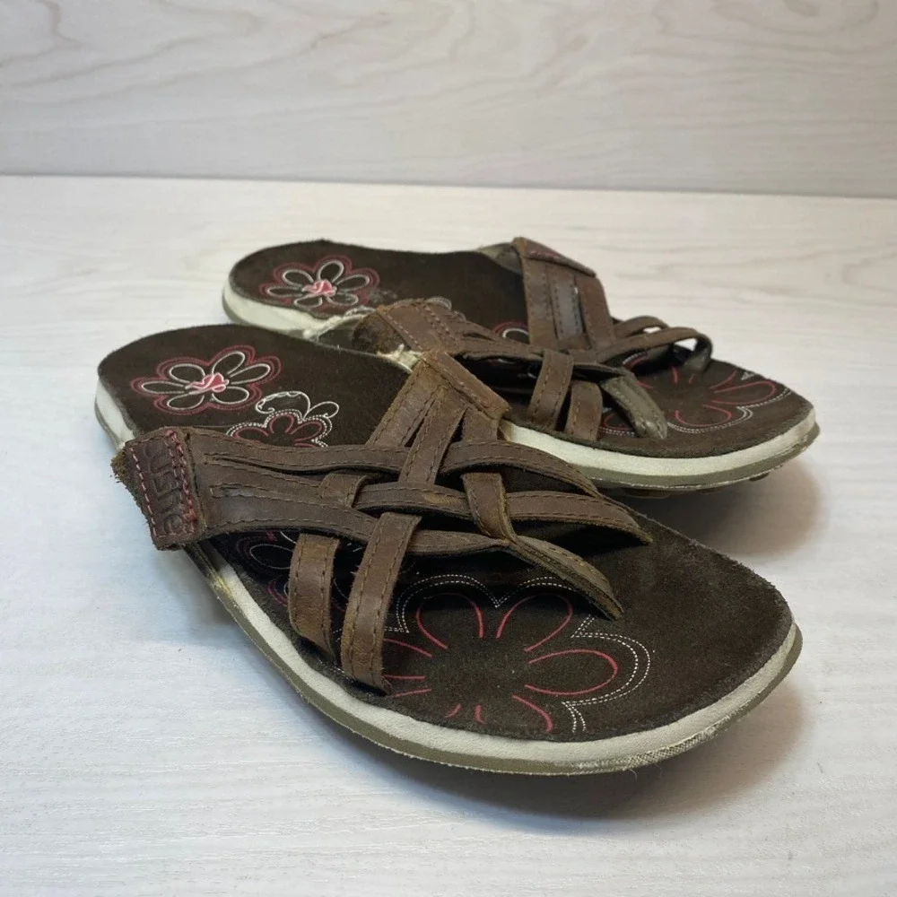 Cushe Womens 9 Slide Sandals Strappy Woven Leather Floral Brown Casual Boho